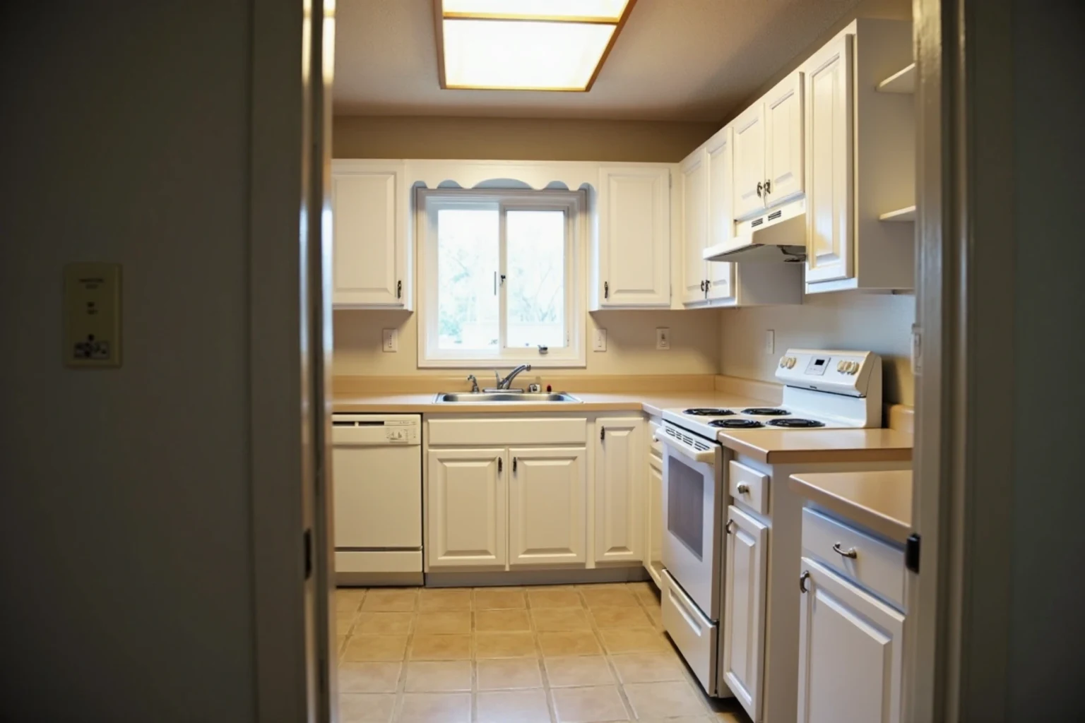 Same dated kitchen, now with painted white raised-panel doors and drawer fronts, counters and appliances unchanged.