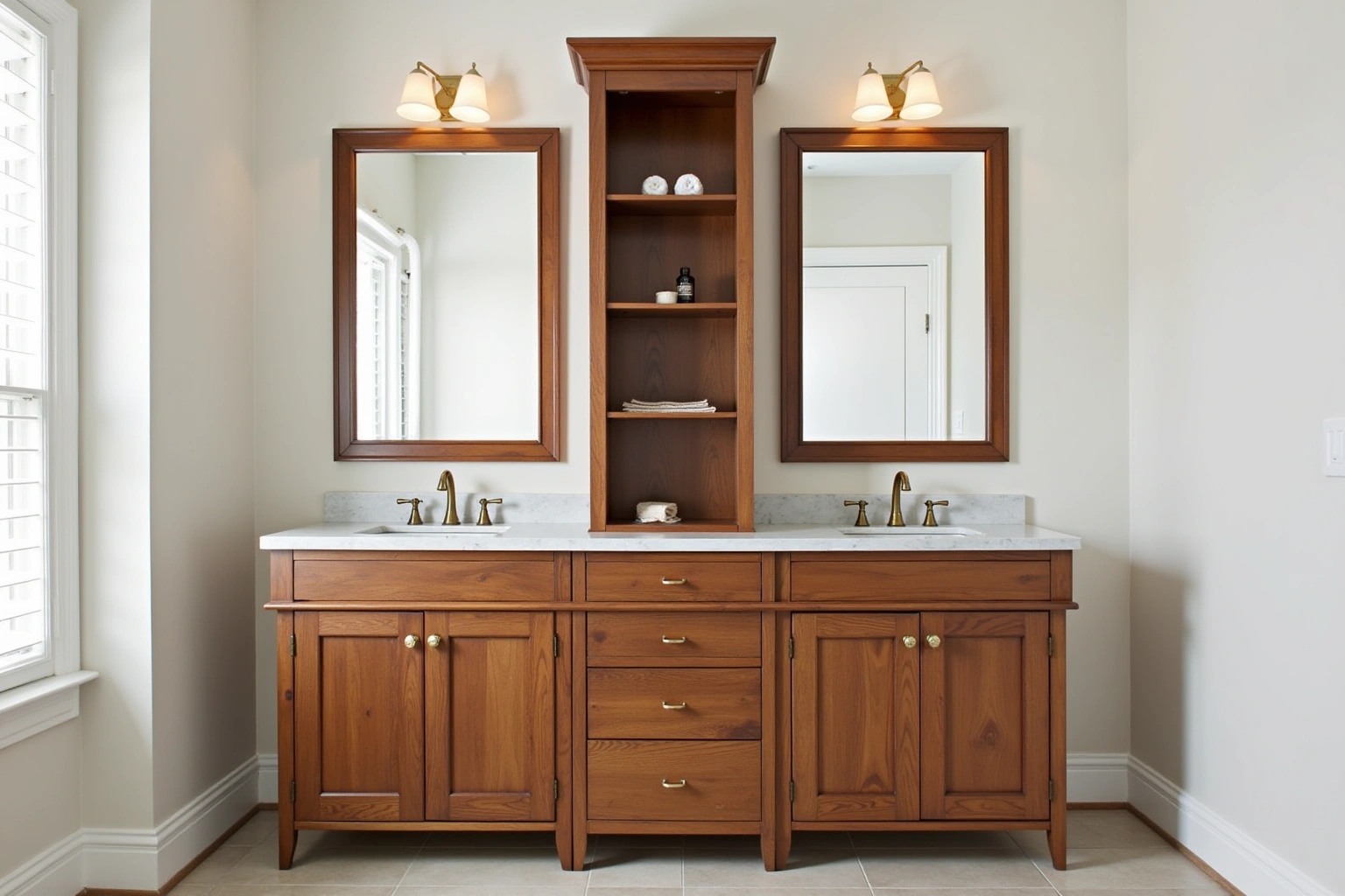 Stained wood double vanity with two undermount sinks, brass faucets, a center shelf tower, framed mirrors and sconces.