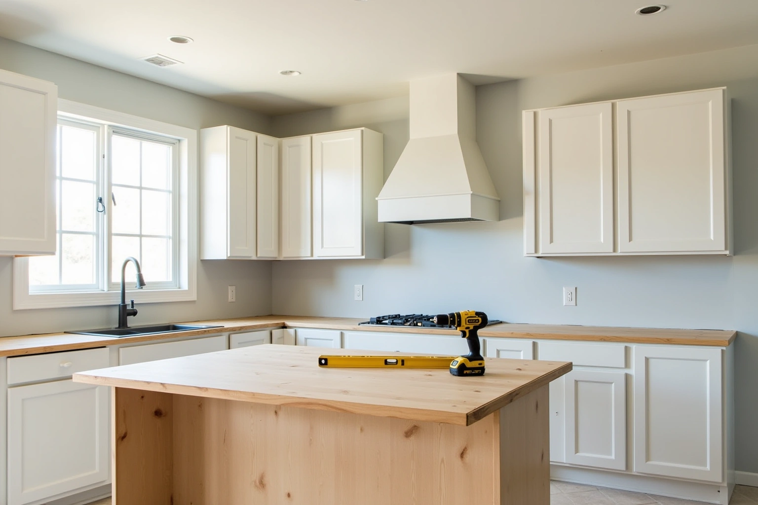 New-build kitchen at install stage: white shaker cabinets set, bare plywood tops, a level and drill on the island.