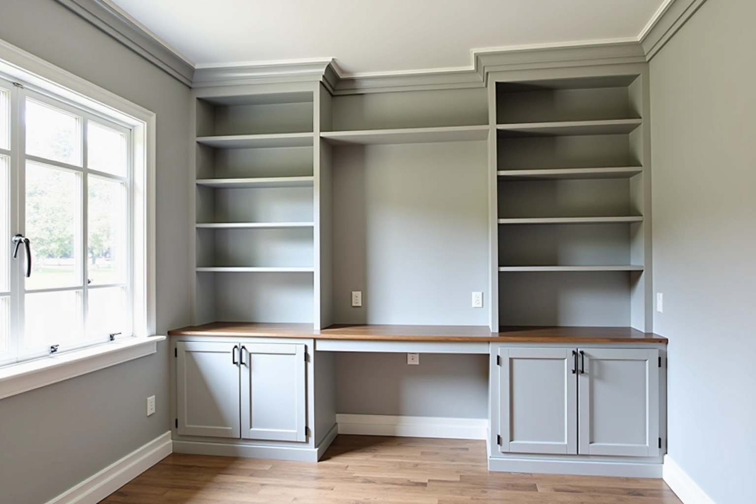 Empty home office with soft grey painted built-in shelving, base cabinets and a wood desk top under crown molding.