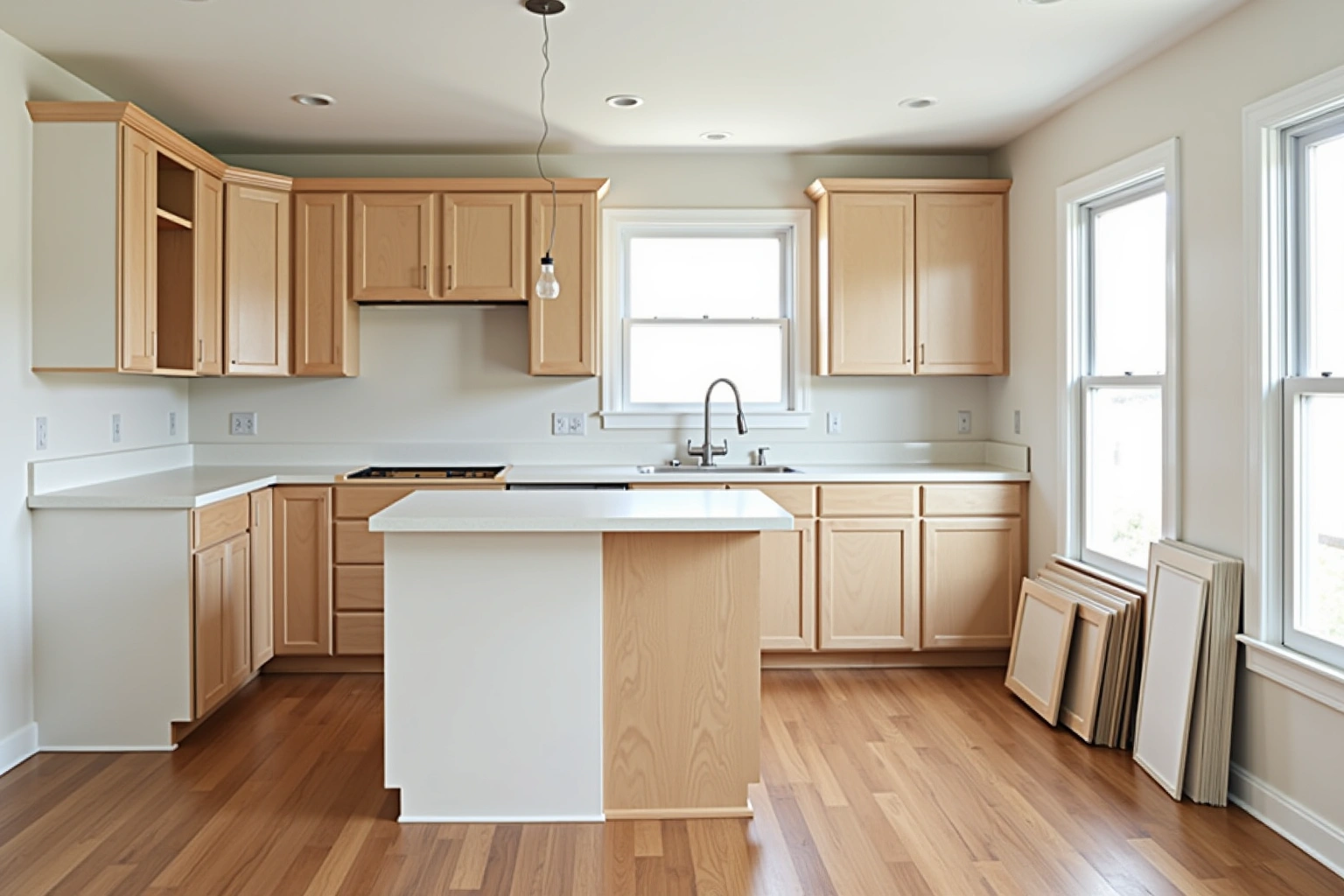 Kitchen mid-refacing with light maple doors still on, one bare upper box, and new door fronts stacked against the wall.