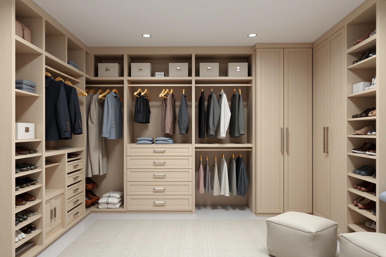Light oak walk-in closet with hanging sections, a bank of drawers, shoe shelves and storage boxes on the top shelf.