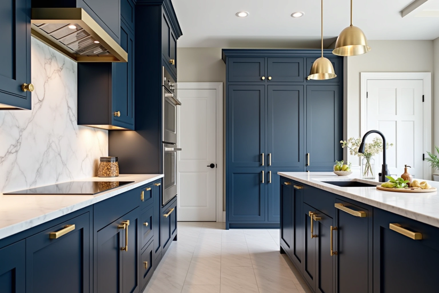Deep navy floor-to-ceiling cabinets with brass pulls, a marble backsplash, double wall ovens and brass pendants over the island.