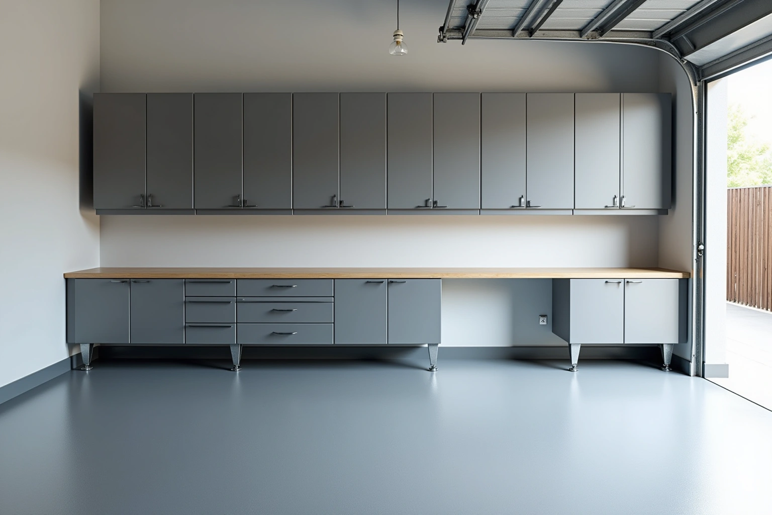 Grey steel garage cabinets on legs with a wood workbench top and wall cabinets above, over a grey epoxy floor.
