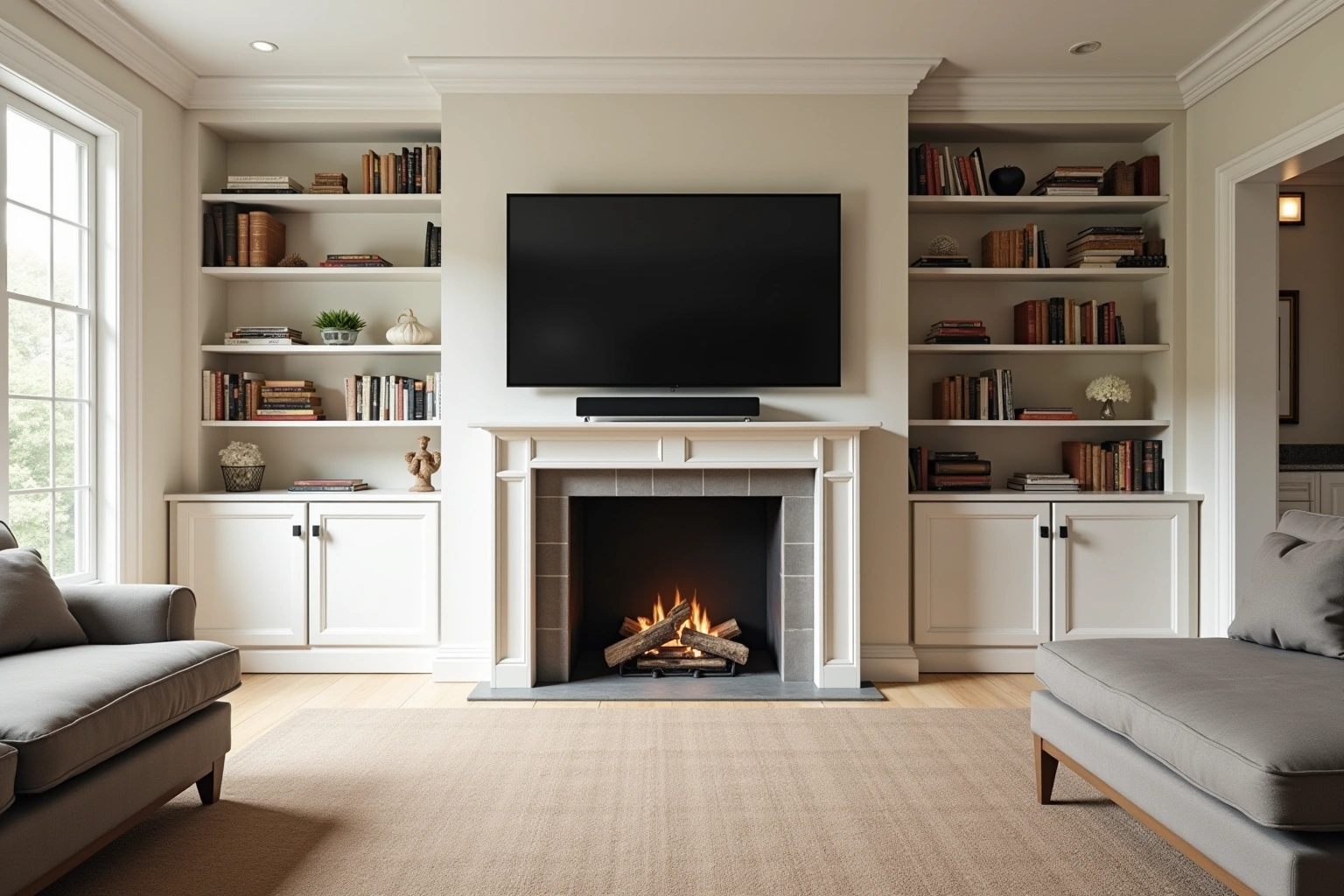 Warm white built-in bookcases and base cabinets flanking a fireplace, with a wall-mounted television above the mantel.