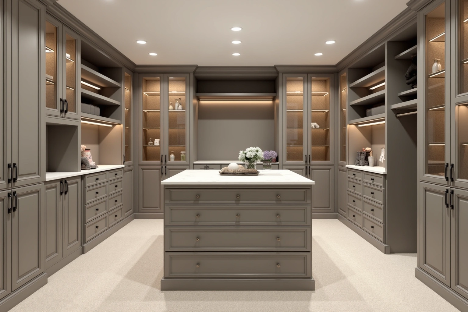 Walk-in closet fitted with taupe grey cabinetry, glass-front uppers, lit shelves and a center island of drawers.