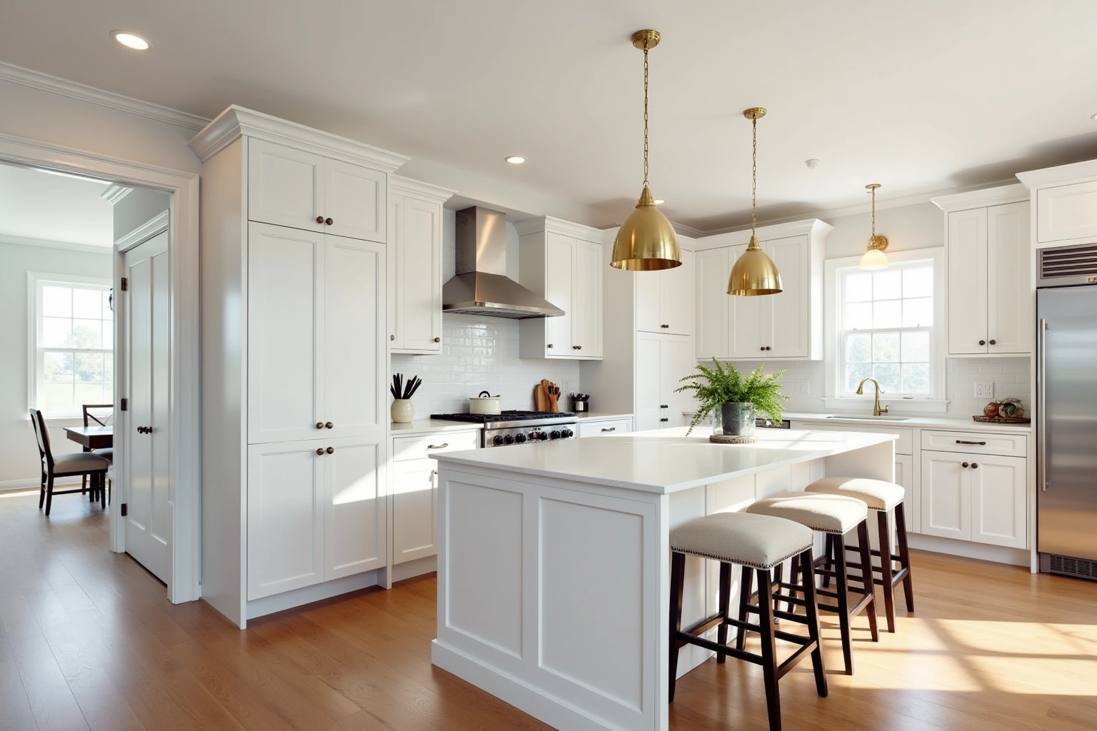White shaker kitchen with brass pulls and pendants, a white island with upholstered stools, and a light wood floor.