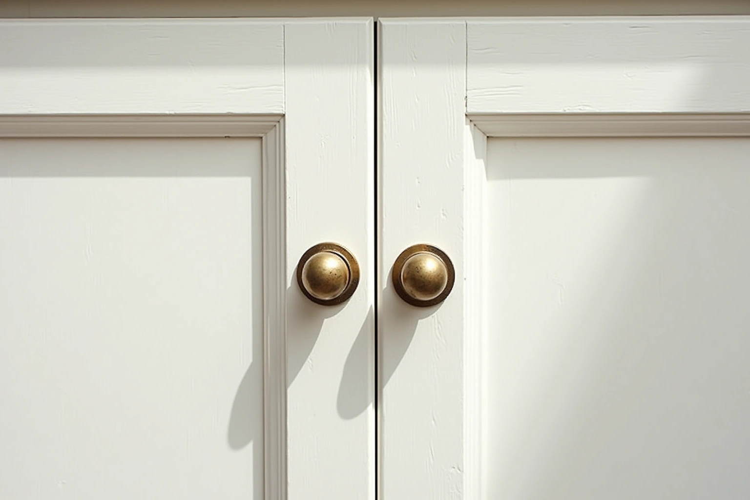 Close view of two soft white inset cabinet doors flush in their face frame, each with a small brass knob.