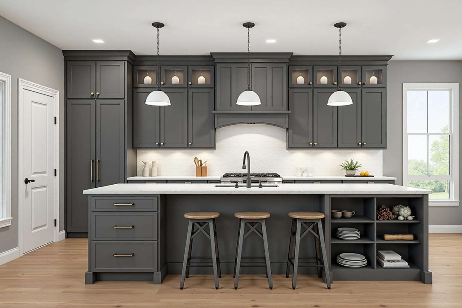 Charcoal shaker kitchen with a long island of drawers and open end shelves, three wood stools, white quartz and pendants.