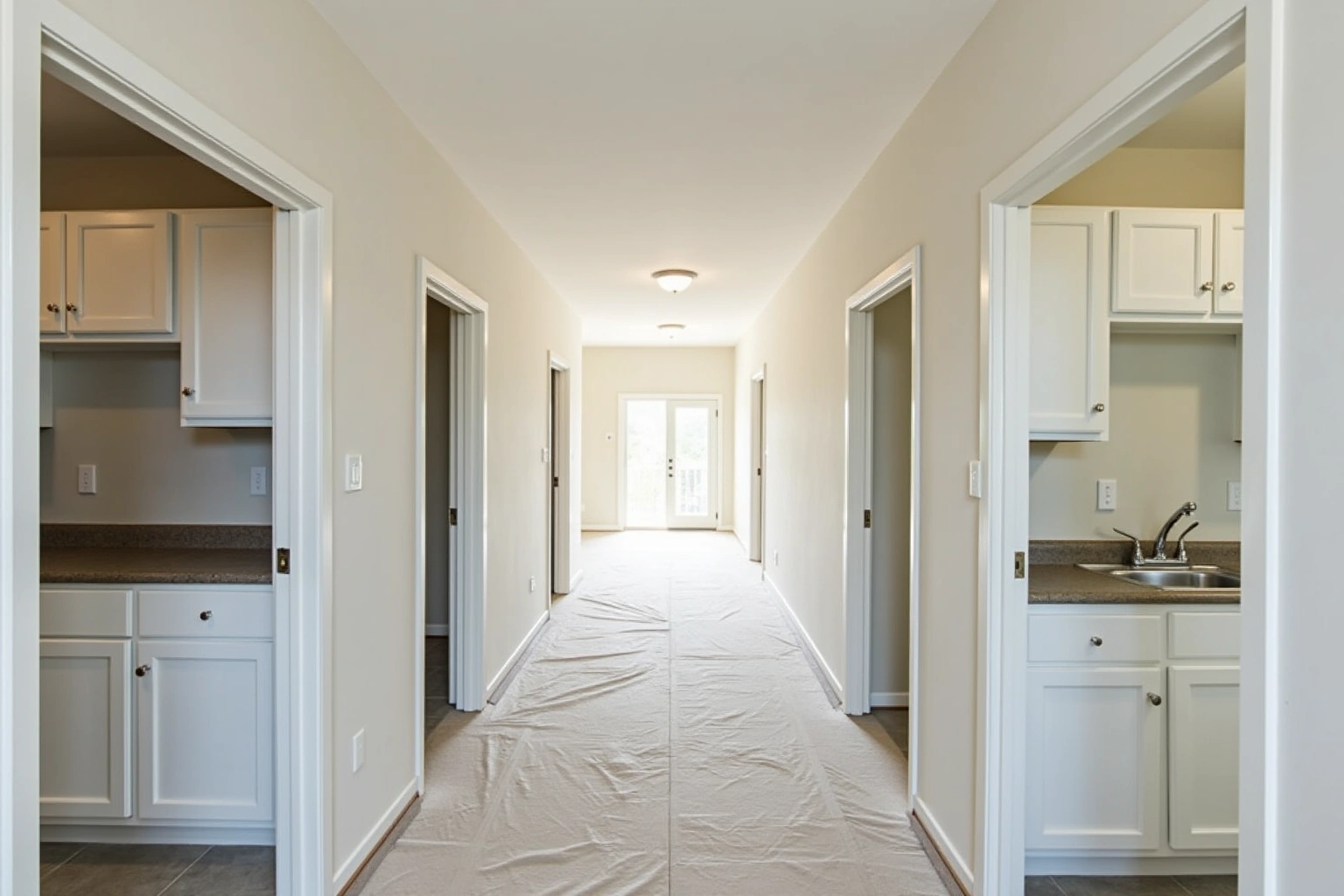 Apartment corridor with paper-covered floor and open doors showing identical white cabinet kitchens in each unit.