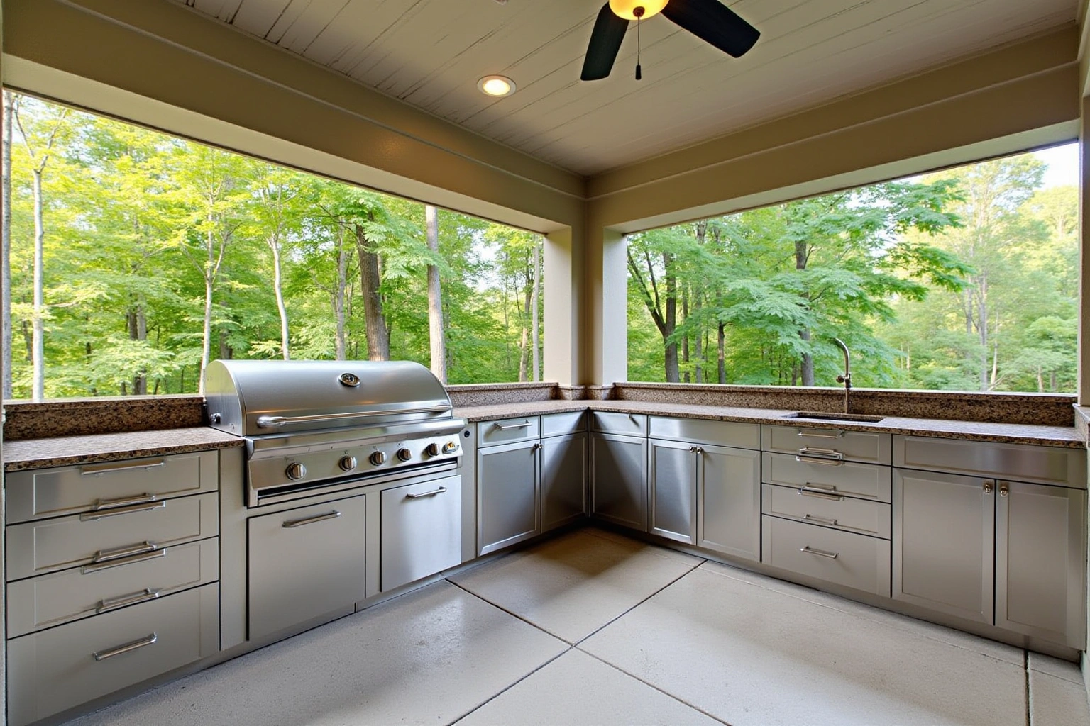 Covered patio outdoor kitchen with stainless steel cabinets and drawers under a granite counter, a built-in grill and trees beyond.