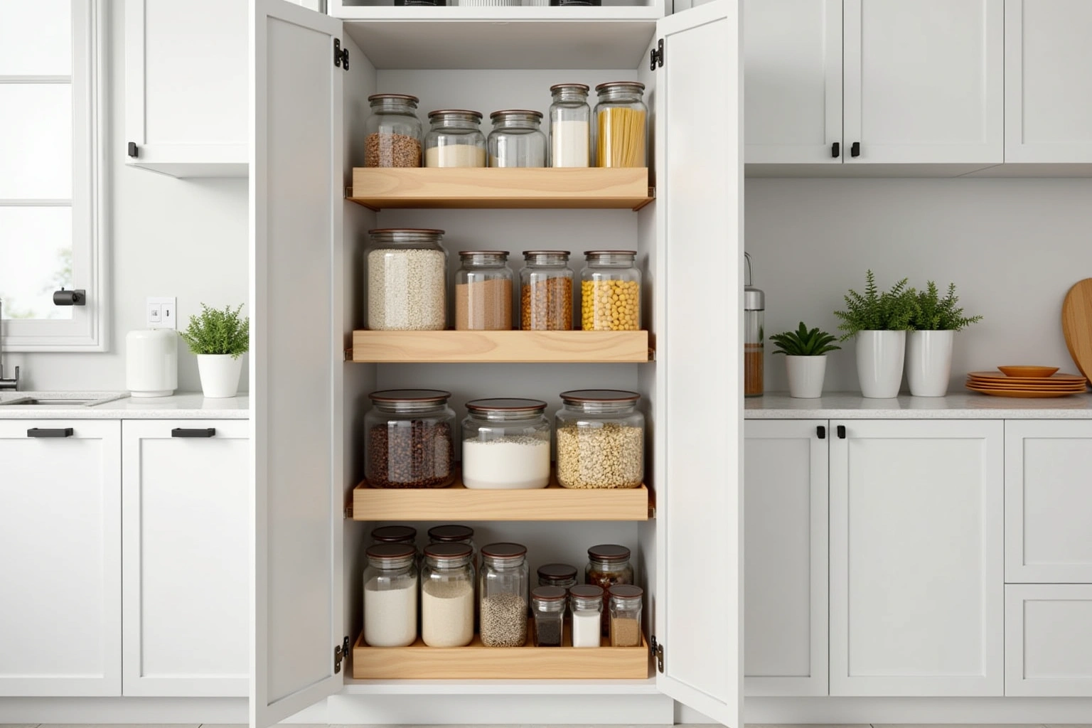 Tall white pantry cabinet with doors open on wooden roll-out trays holding plain glass jars of dry goods.