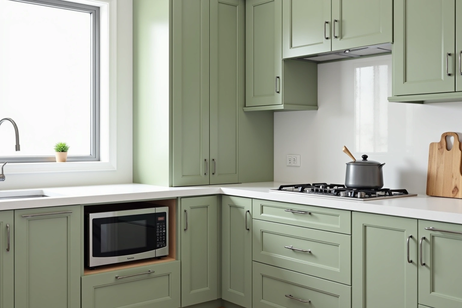 Sage green shaker cabinets with nickel bar pulls, white quartz counters, a gas cooktop and a microwave cubby.