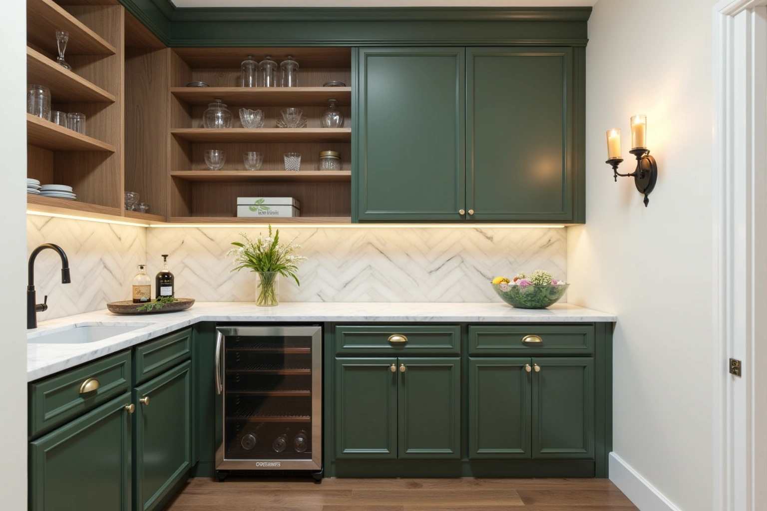 Dark green butler's pantry cabinets with brass pulls, a glass-door beverage fridge, herringbone marble backsplash and open shelves of glassware.