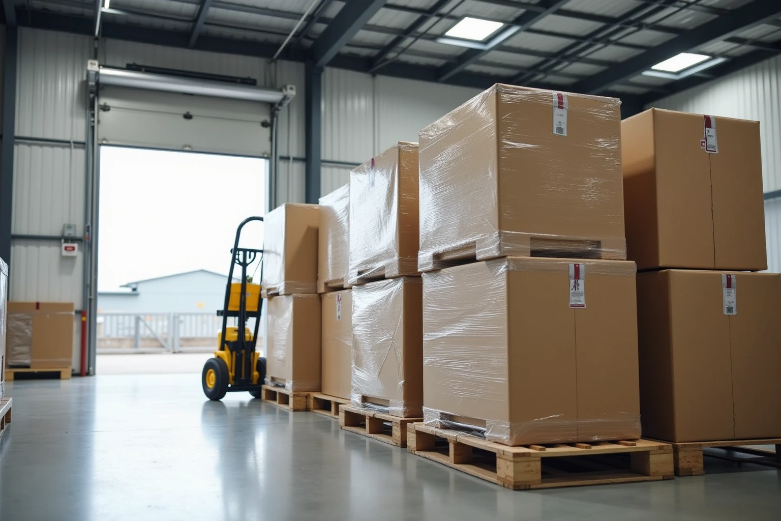 Shrink-wrapped cabinet cartons stacked on wooden pallets in a warehouse, with a hand truck by the open loading door.